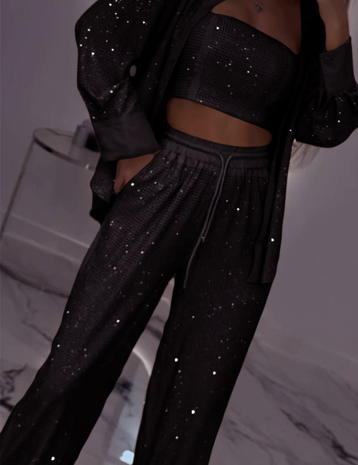 Women's Lapel Rhinestone Casual Three-piece Suit