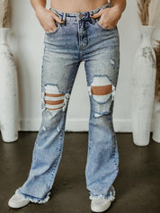 Exclusive Risen Acid Wash Tummy Control High Rise Distressed Flare Jeans