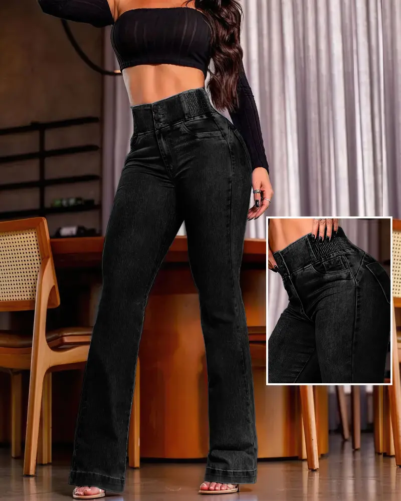 CurveEase Back Shirred Button Front High Waist Jeans Skinny Flared Denim Jeggings