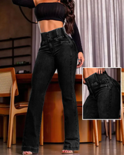 CurveEase Back Shirred Button Front High Waist Jeans Skinny Flared Denim Jeggings