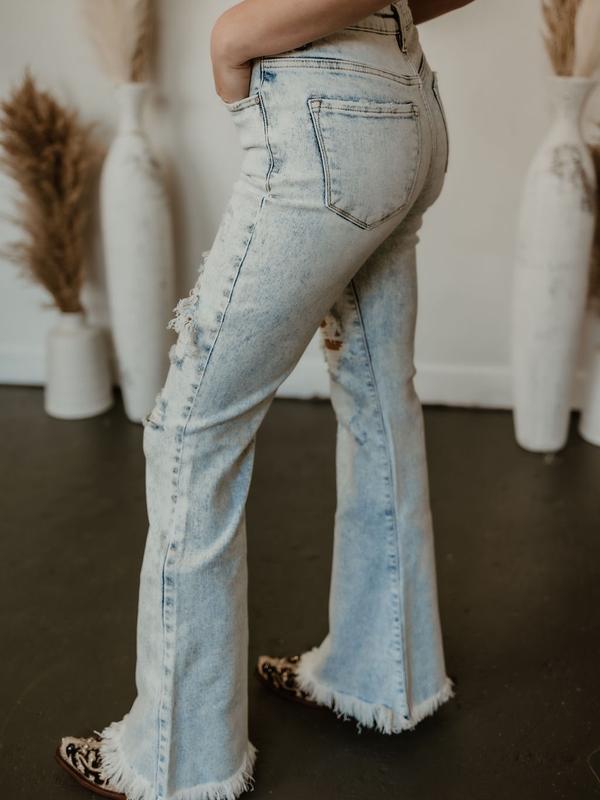 Exclusive Risen Acid Wash Tummy Control High Rise Distressed Flare Jeans