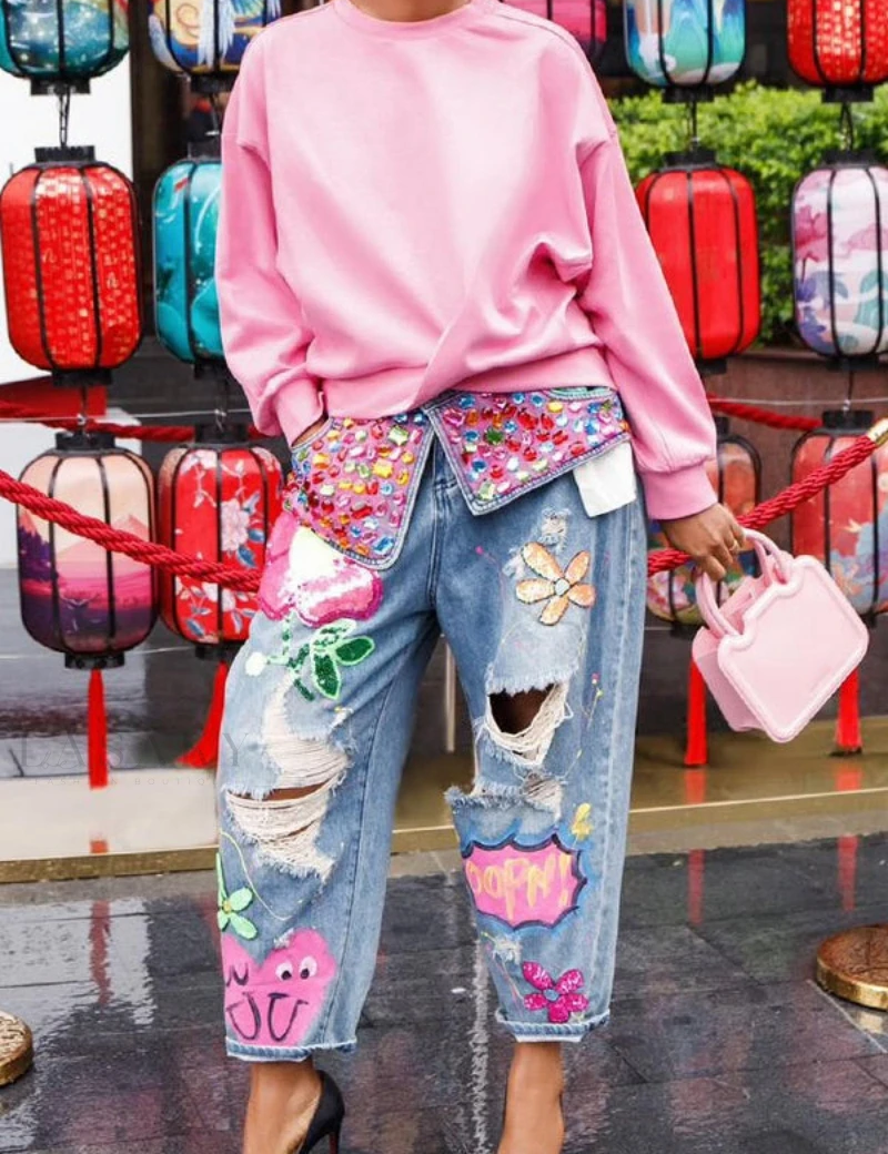Women's Heavy-duty Rhinestone Printed Ripped Jeans