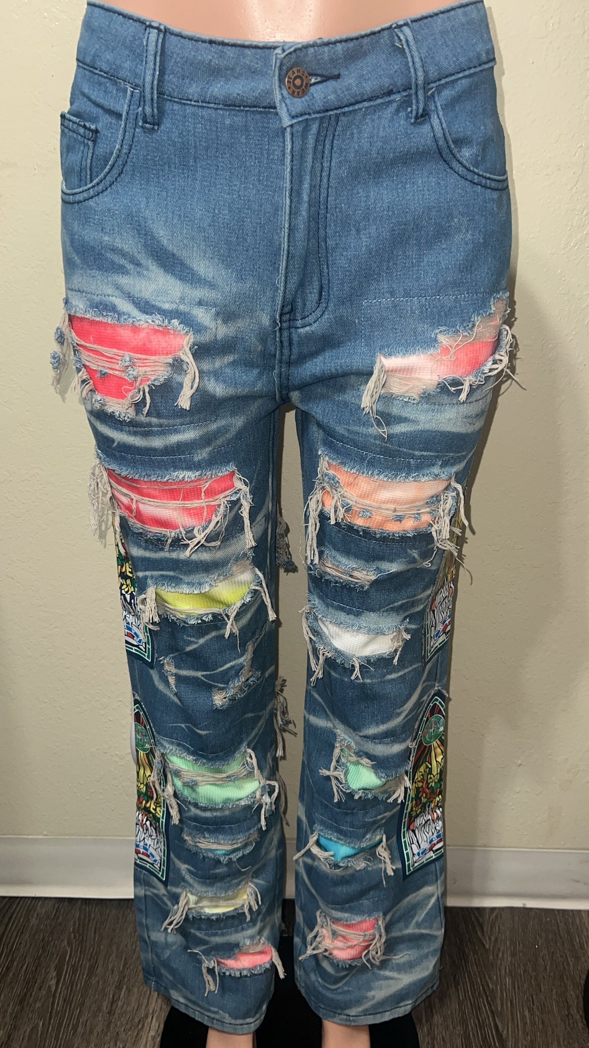 High Waist Distressed Denim Trousers