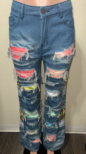 High Waist Distressed Denim Trousers