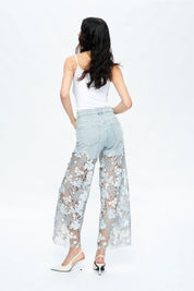 High Rise Wide Leg Lace Denim Jeans With Rhinestones