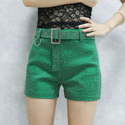 High Waist Rhinestone Belt Wide Leg Denim Shorts