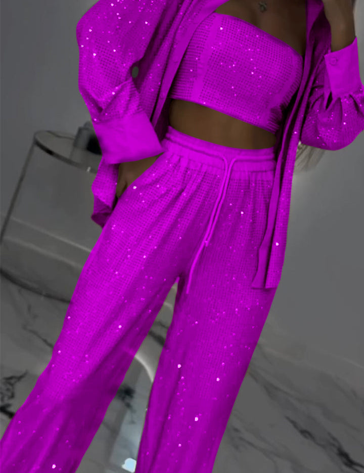 Women's Lapel Rhinestone Casual Three-piece Suit
