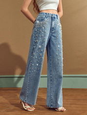 Women's Jeans With Faux Pearl