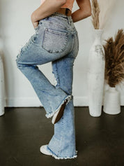 Exclusive Risen Acid Wash Tummy Control High Rise Distressed Flare Jeans