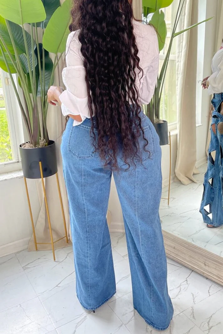 Solid Hollowed Out Patchwork High Waist Regular Denim Jeans