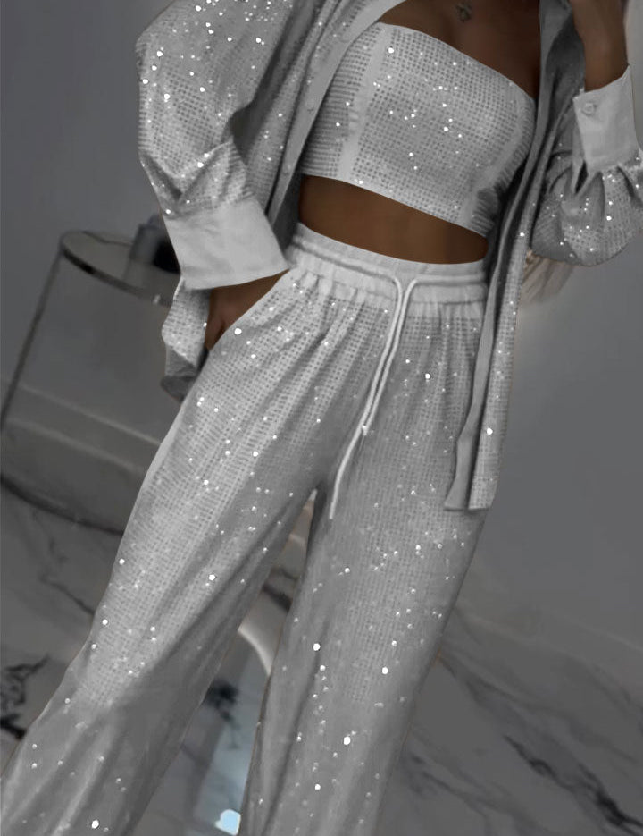 Women's Lapel Rhinestone Casual Three-piece Suit