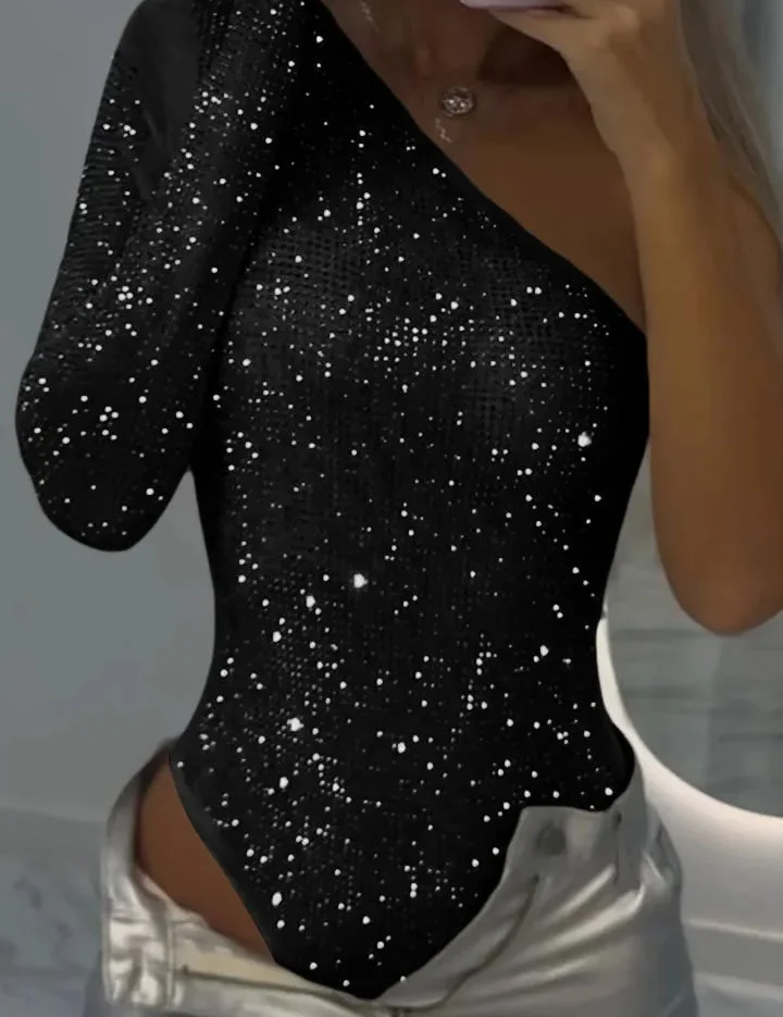 Women's One-shoulder Tight Rhinestone Top