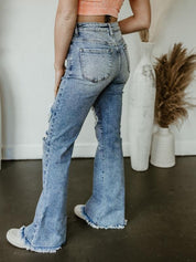 Exclusive Risen Acid Wash Tummy Control High Rise Distressed Flare Jeans