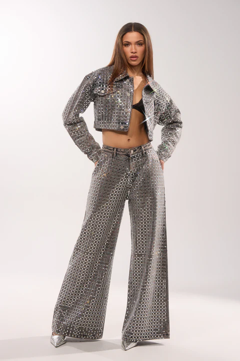 Pick N Choose Rhinestone Wide Leg Denim In Grey