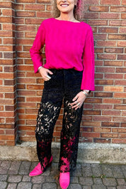 High Rise Wide Leg Lace Denim Jeans With Rhinestones