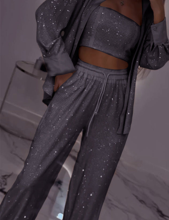 Women's Lapel Rhinestone Casual Three-piece Suit