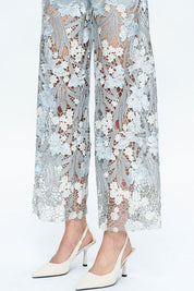 High Rise Wide Leg Lace Denim Jeans With Rhinestones