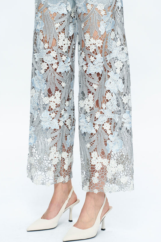 High Rise Wide Leg Lace Denim Jeans With Rhinestones