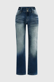 Wash Stretchy Double Button Mid Waist Bootcut Jeans