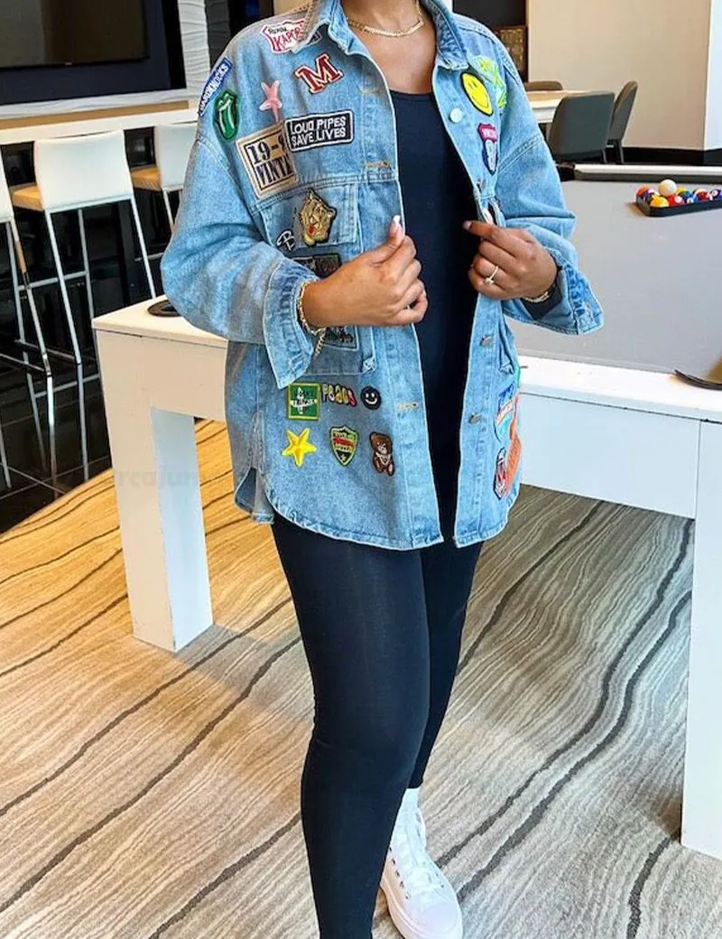 Womens Yellow Street Patchwork Turndown Collar Long Sleeve Denim Jacket