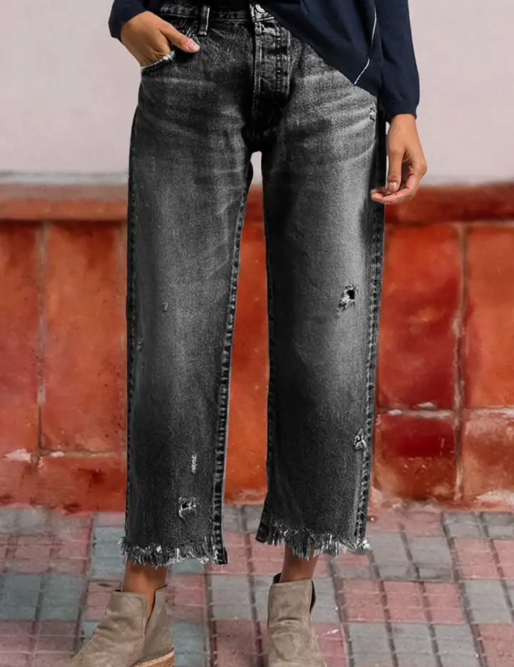 Wash Raw Hem Ripped Mid Rise Barrel Leg Jeans