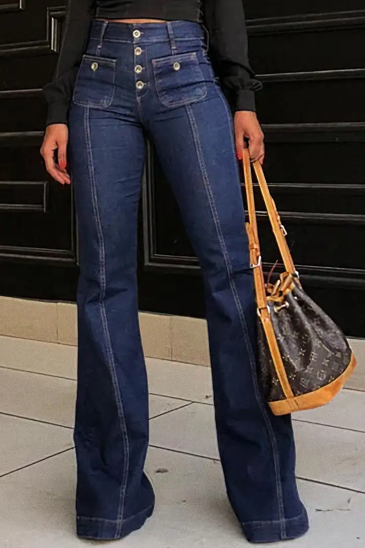Wash Button Fly Seam Front High Rise Flare Jeans