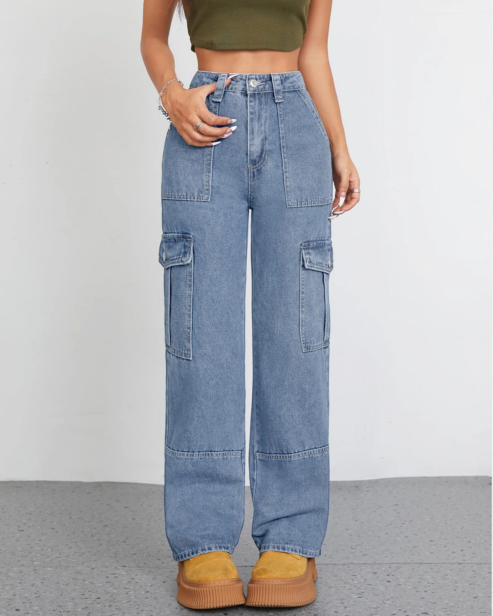 Women's High Waist Baggy Cargo Jeans