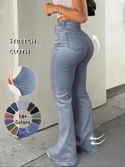 Women's High Waist Casual Button Fly Pocket Design Bell Bottom Denim