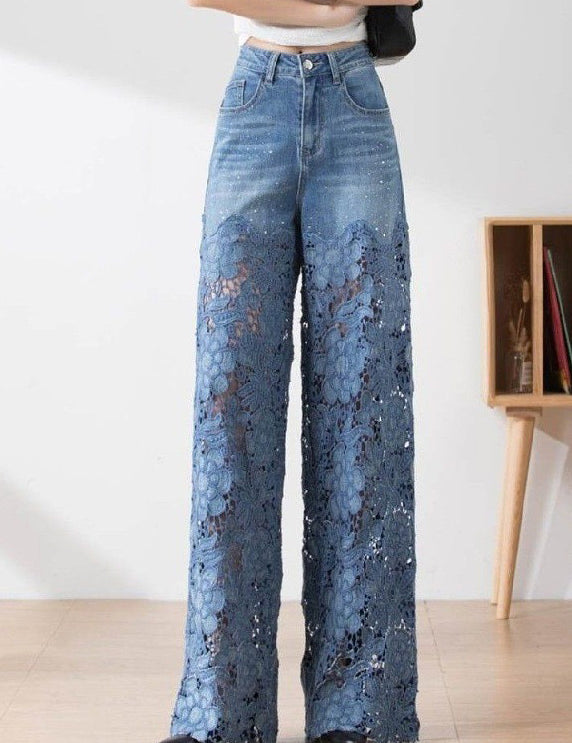 Women Wide Leg Sheer Mesh Star Print Splice Denim