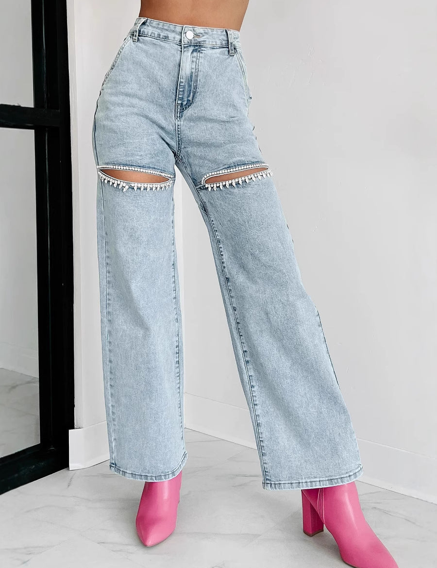 High Waisted Embellished Cut-Out Jeans