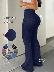 Women's High Waist Casual Button Fly Pocket Design Bell Bottom Denim