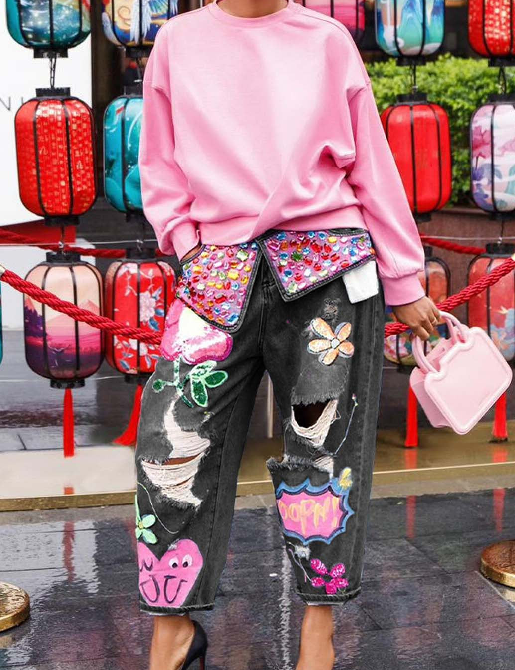 Women's Heavy-duty Rhinestone Printed Ripped Jeans