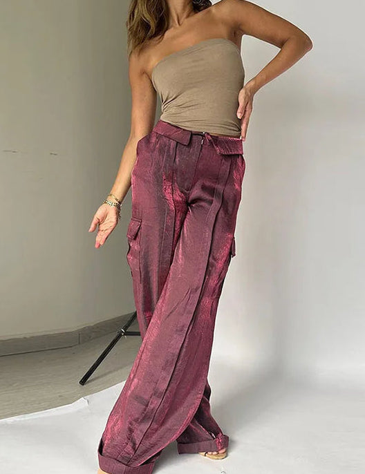 Loose Zipper Multicolor Vacation Trousers Satin Pants