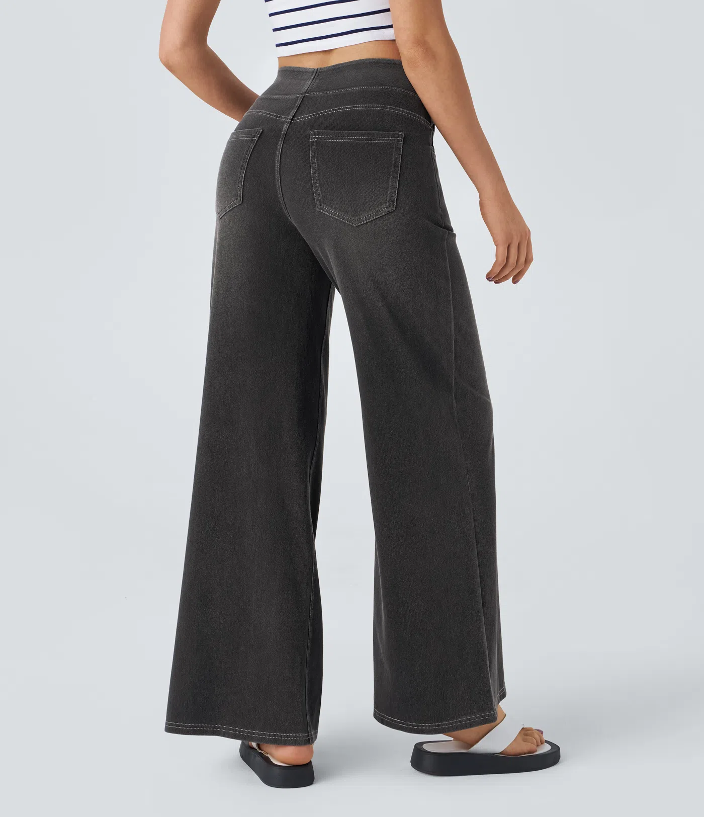 High Waisted Multiple Pockets Baggy Wide Leg Washed Stretchy Knit Casual Jeans