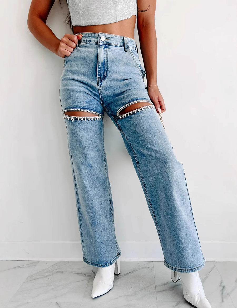 High Waisted Embellished Cut-Out Jeans