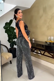 Rhinestone Casual Straight Pants