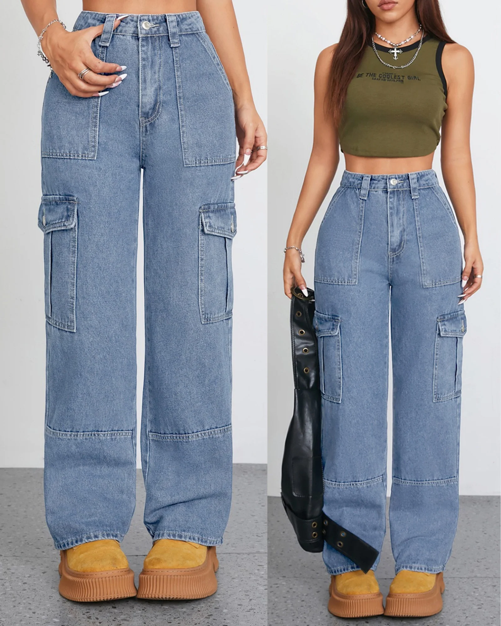 Women's High Waist Baggy Cargo Jeans