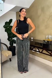 Rhinestone Casual Straight Pants