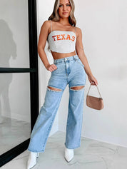 High Waisted Embellished Cut-Out Jeans