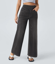 High Waisted Multiple Pockets Baggy Wide Leg Washed Stretchy Knit Casual Jeans