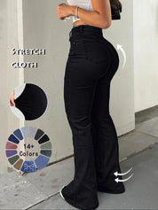 Women's High Waist Casual Button Fly Pocket Design Bell Bottom Denim