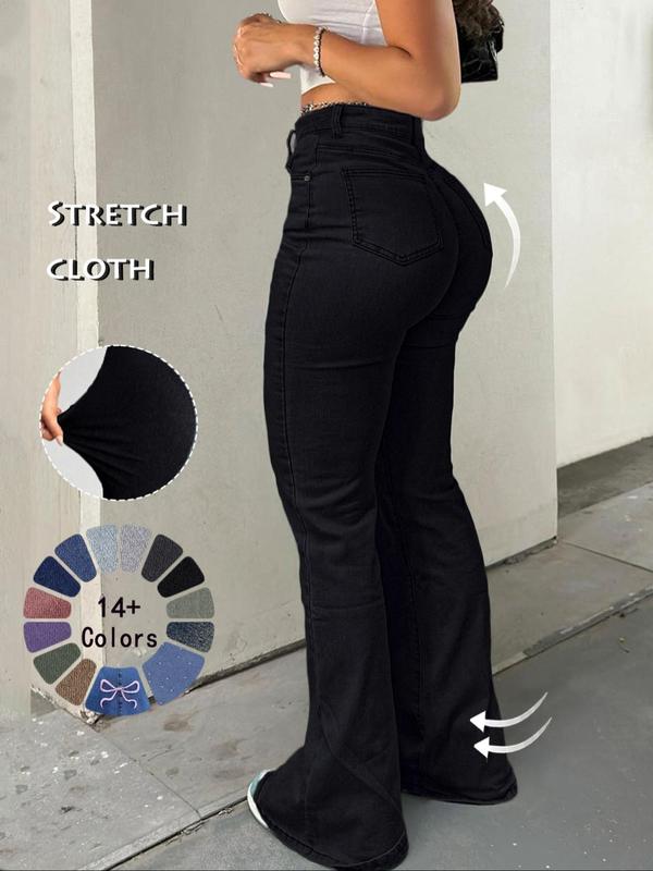 Women's High Waist Casual Button Fly Pocket Design Bell Bottom Denim