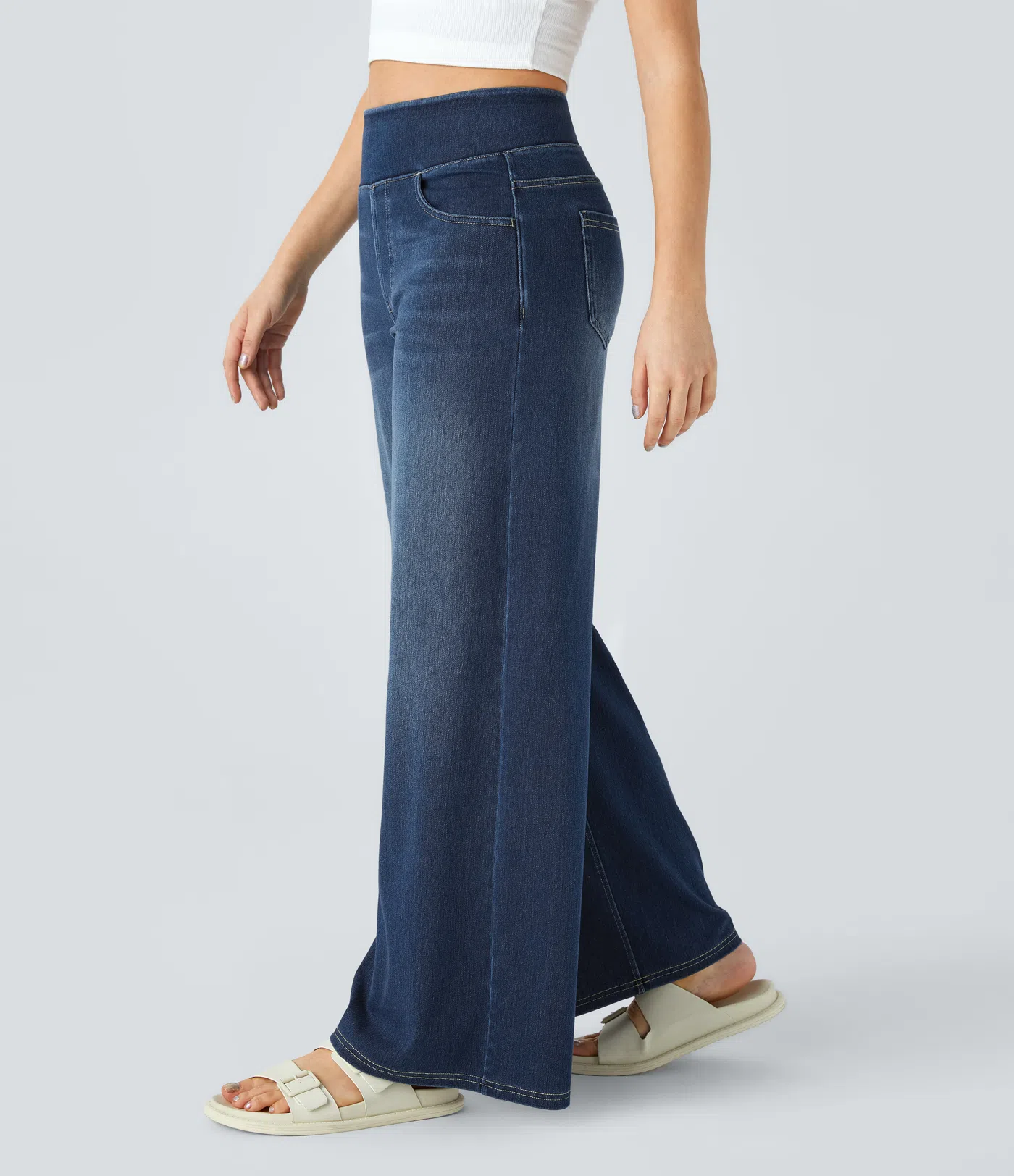 High Waisted Multiple Pockets Baggy Wide Leg Washed Stretchy Knit Casual Jeans