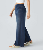 High Waisted Multiple Pockets Baggy Wide Leg Washed Stretchy Knit Casual Jeans