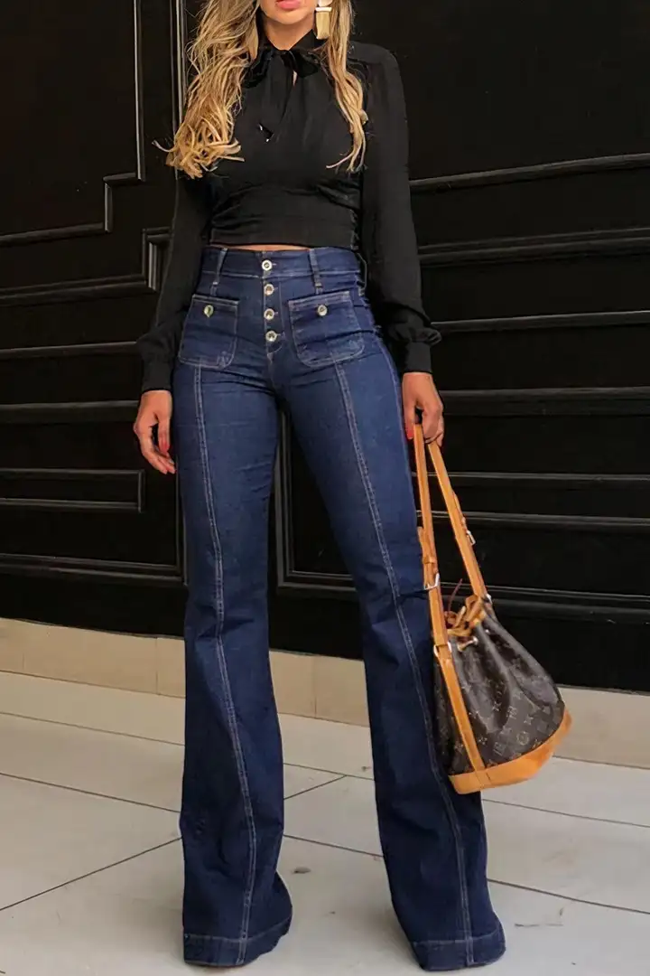 Wash Button Fly Seam Front High Rise Flare Jeans