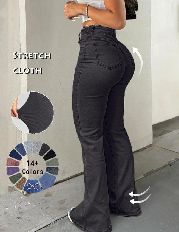 Women's High Waist Casual Button Fly Pocket Design Bell Bottom Denim