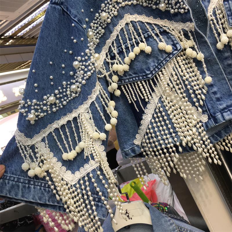 Women's Pearl Fringe Jean Jacket Laple Short Denim Coat