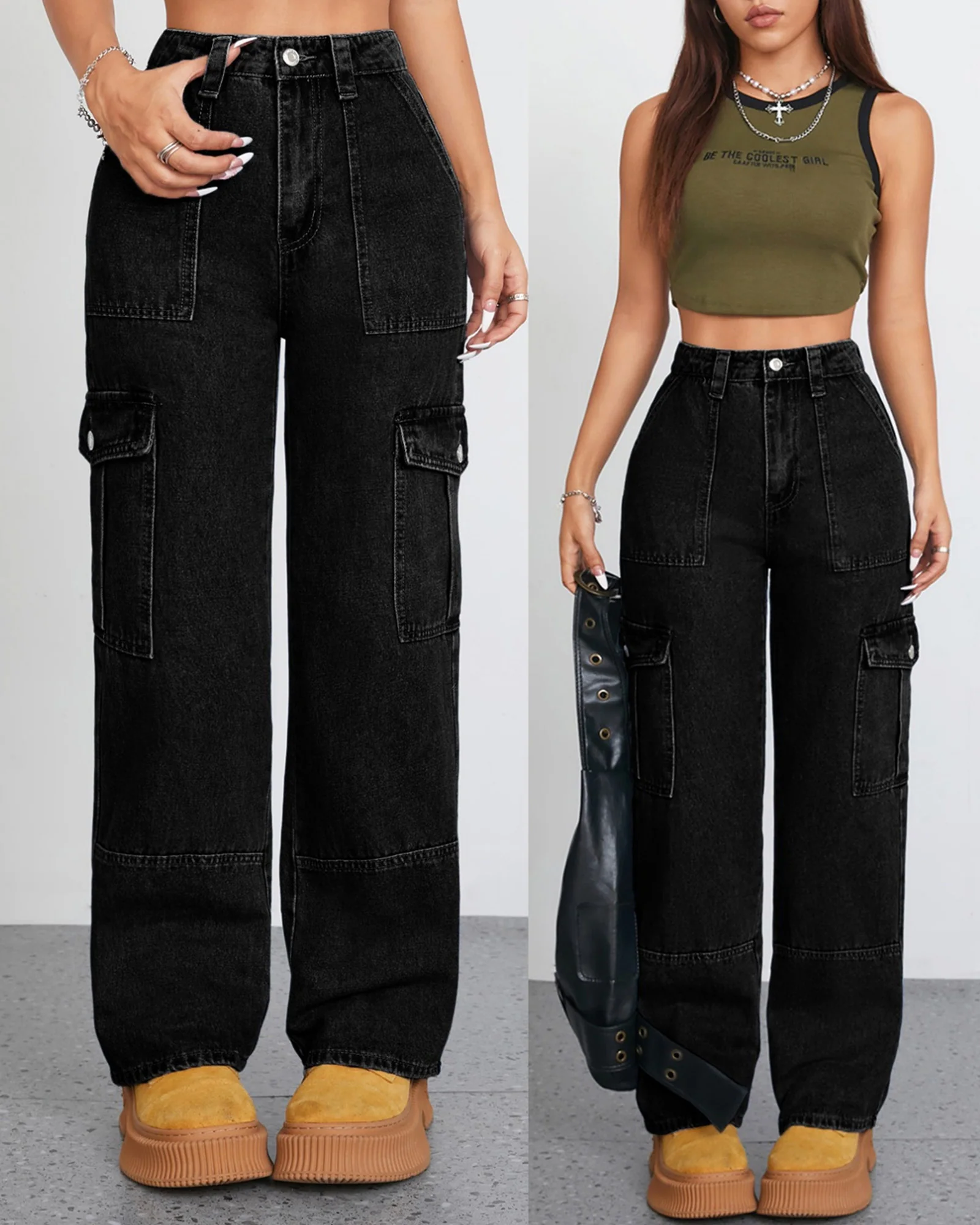 Women's High Waist Baggy Cargo Jeans