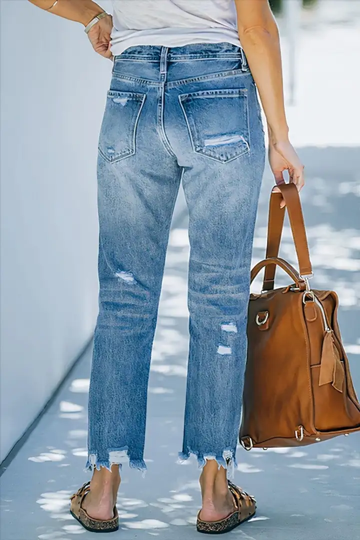 Ripped Raw Hem Mid Rise Straight Leg Cropped Jeans