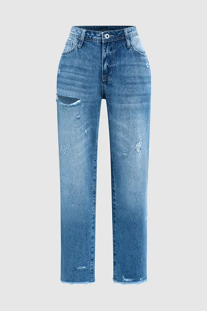 Ripped Raw Hem Mid Rise Straight Leg Cropped Jeans